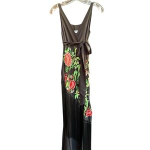 Vintage Moschino Black Sleeveless  embroidered maxi dress with fringe size 8